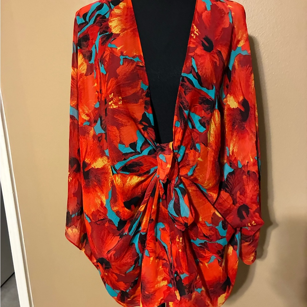 New York & Company Red Floral Top with Teal Accents - Picture 4 of 7